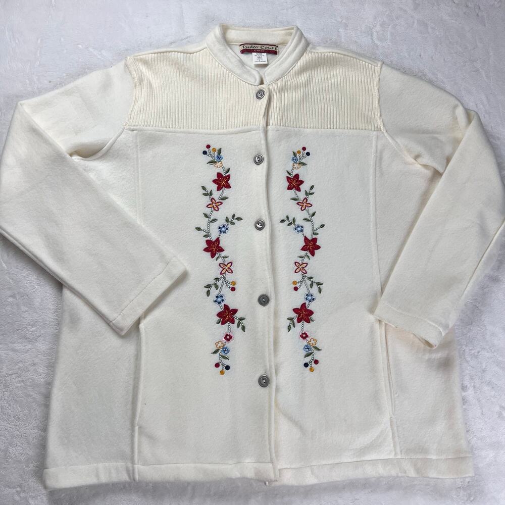 Tudor Court By Haband Cream Floral embroidered Fleece Jacket women’s size large